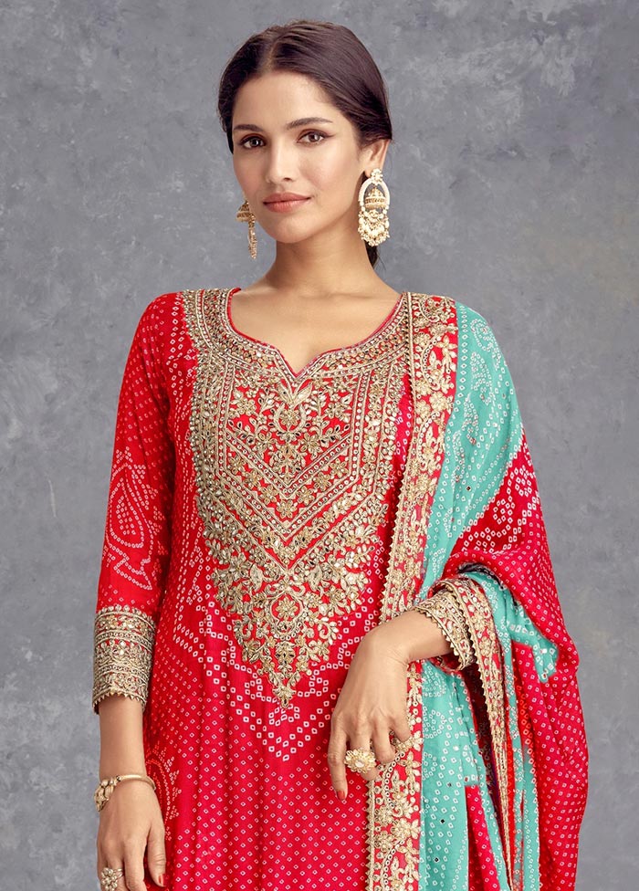 3 Pc Red Semi Stitched Silk Suit Set