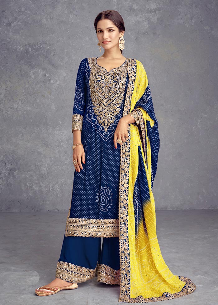 3 Pc Blue Semi Stitched Silk Suit Set