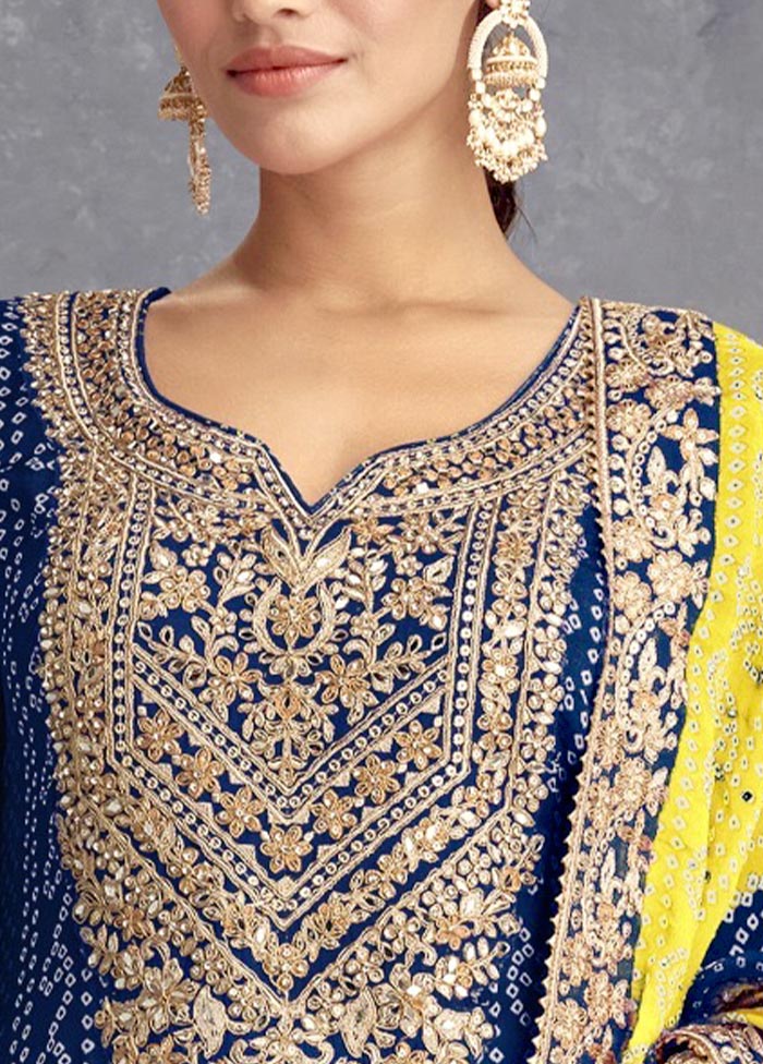 3 Pc Blue Semi Stitched Silk Suit Set