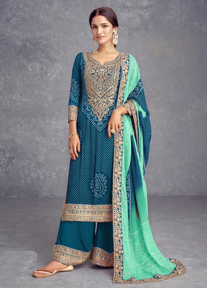 3 Pc Teal Semi Stitched Silk Suit Set