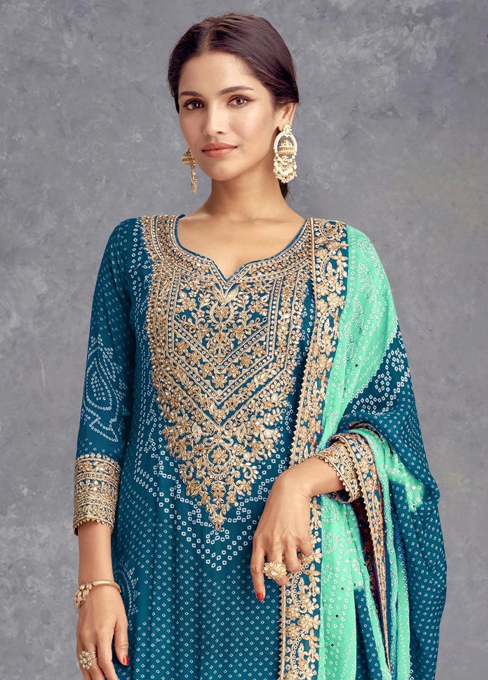 3 Pc Teal Semi Stitched Silk Suit Set