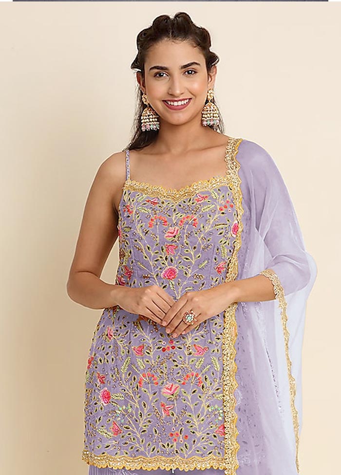 3 Pc Lavender Semi Stitched Georgette Suit Set