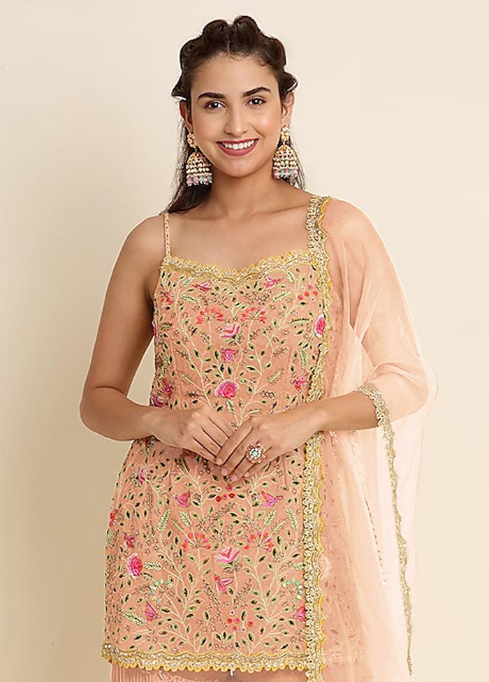 3 Pc Peach Semi Stitched Georgette Suit Set