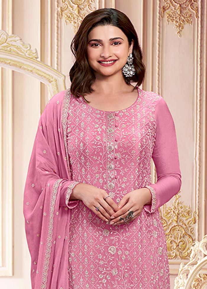 3 Pc Light Pink Semi Stitched Silk Suit Set