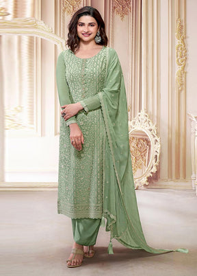 3 Pc Pista Green Semi Stitched Silk Suit Set