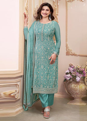 3 Pc Blue Semi Stitched Silk Suit Set