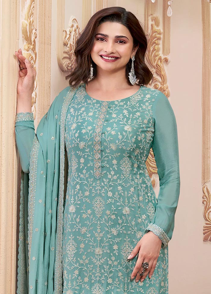 3 Pc Blue Semi Stitched Silk Suit Set