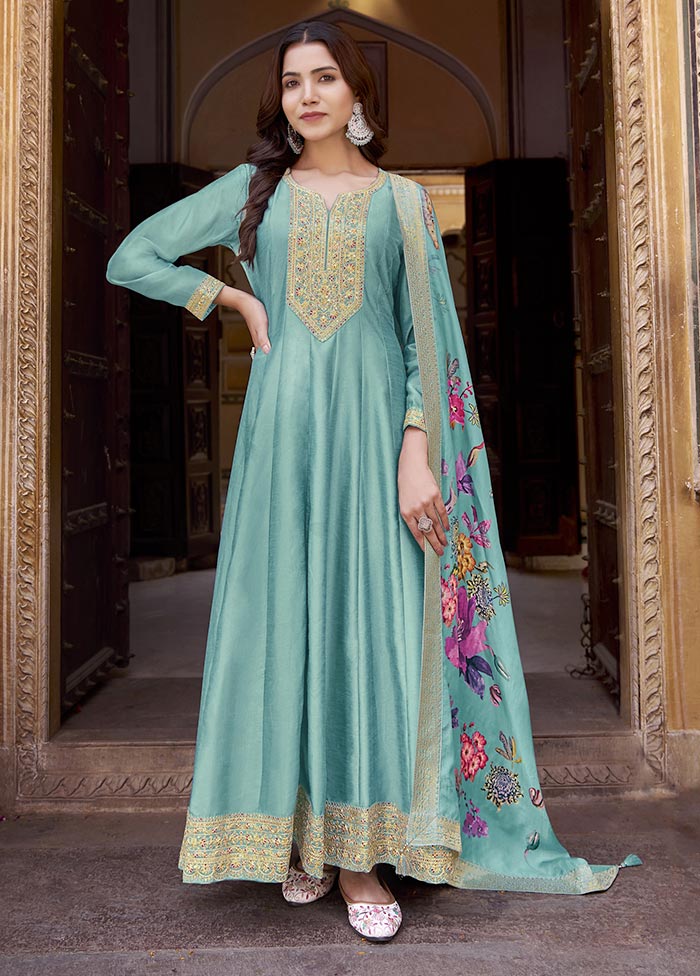 3 Pc Sky Blue Semi Stitched Silk Suit Set