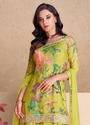 3 Pc Yellow Semi Stitched Silk Suit Set