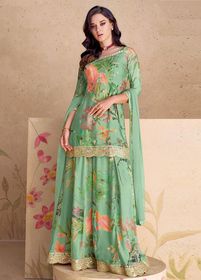 3 Pc Mint Green Semi Stitched Silk Suit Set