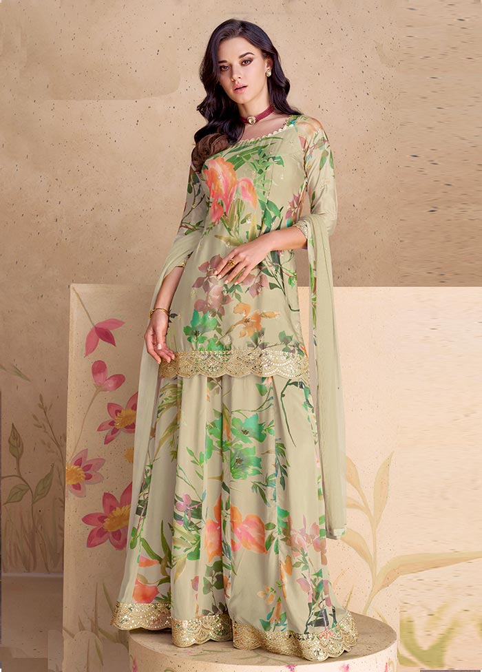 3 Pc Beige Semi Stitched Silk Suit Set