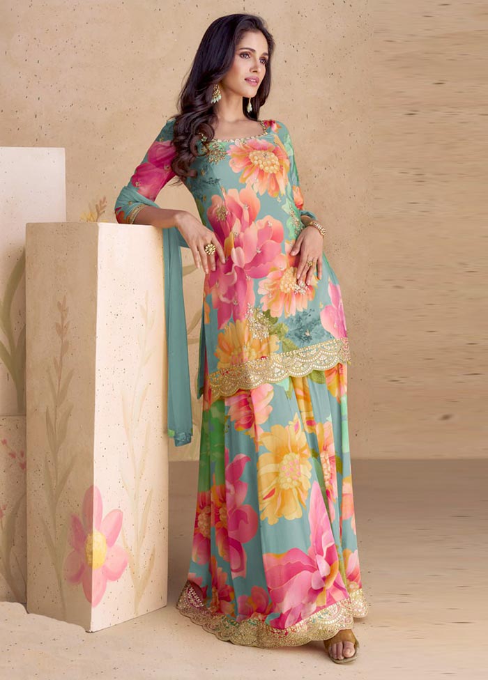 3 Pc Multicolor Semi Stitched Silk Suit Set