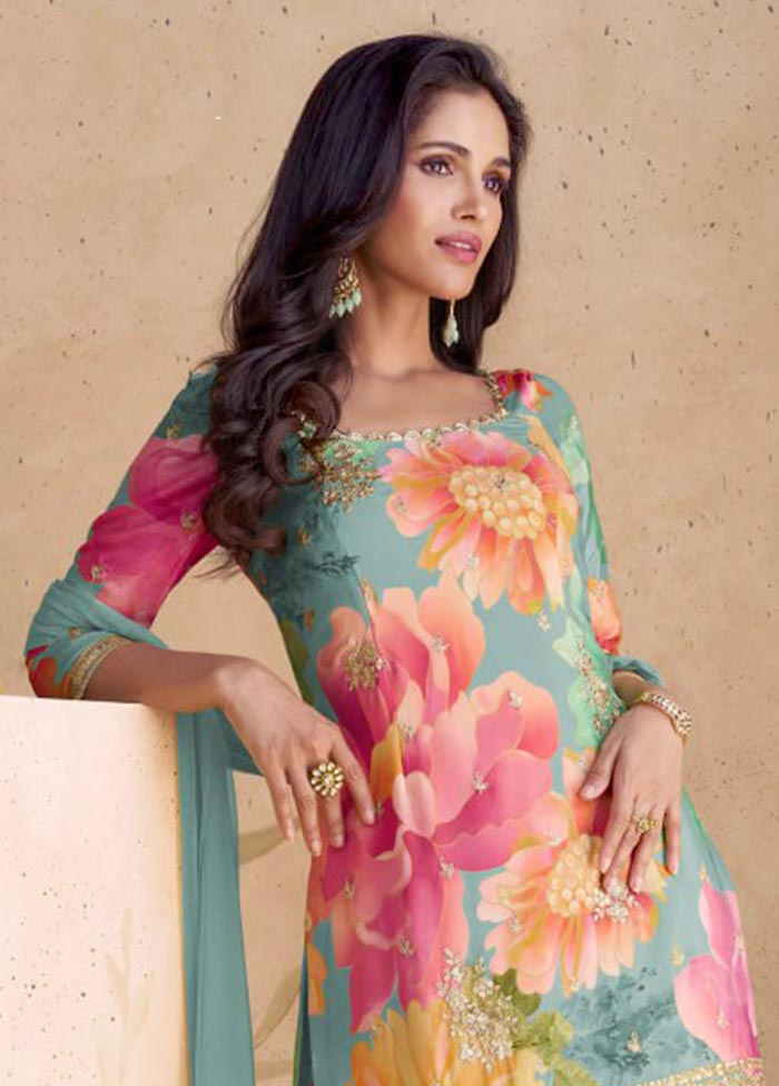 3 Pc Multicolor Semi Stitched Silk Suit Set