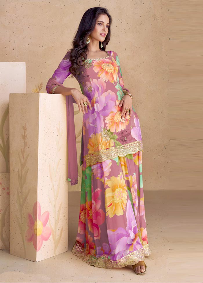 3 Pc Multicolor Semi Stitched Silk Suit Set