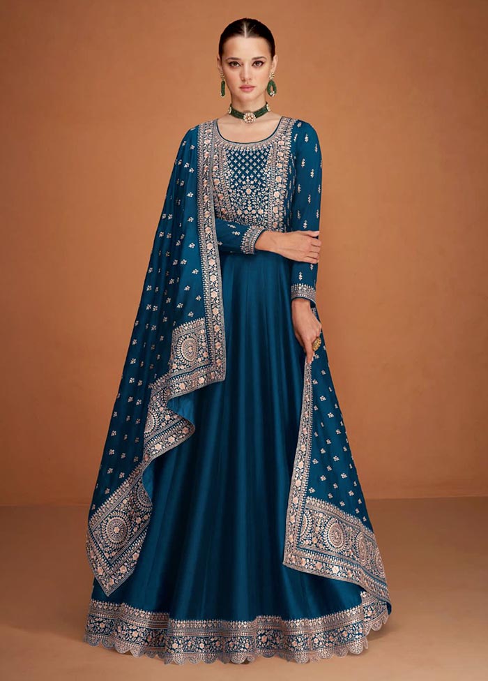 3 Pc Teal Blue Semi Stitched Silk Suit Set