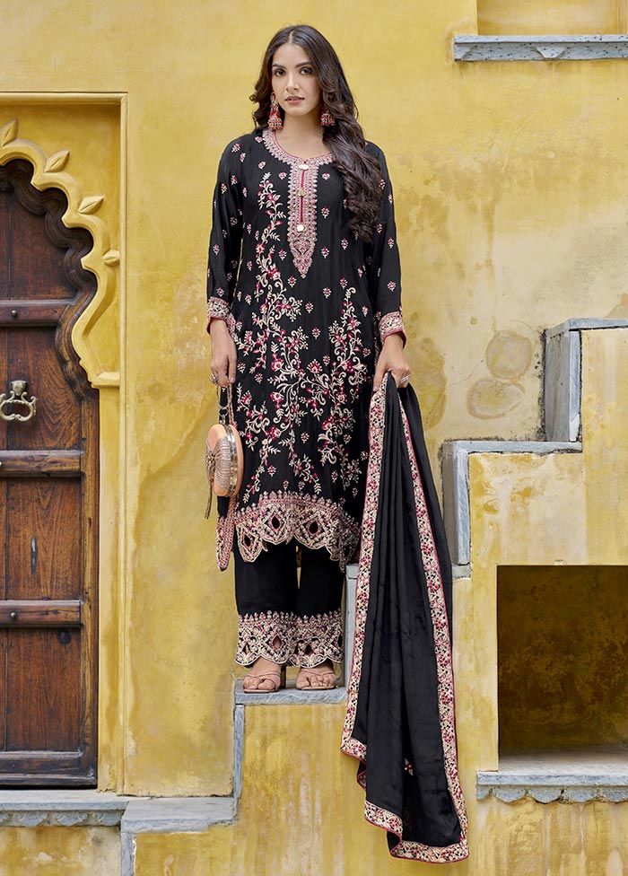 3 Pc Black Pure Semi Stitched Silk Suit Set