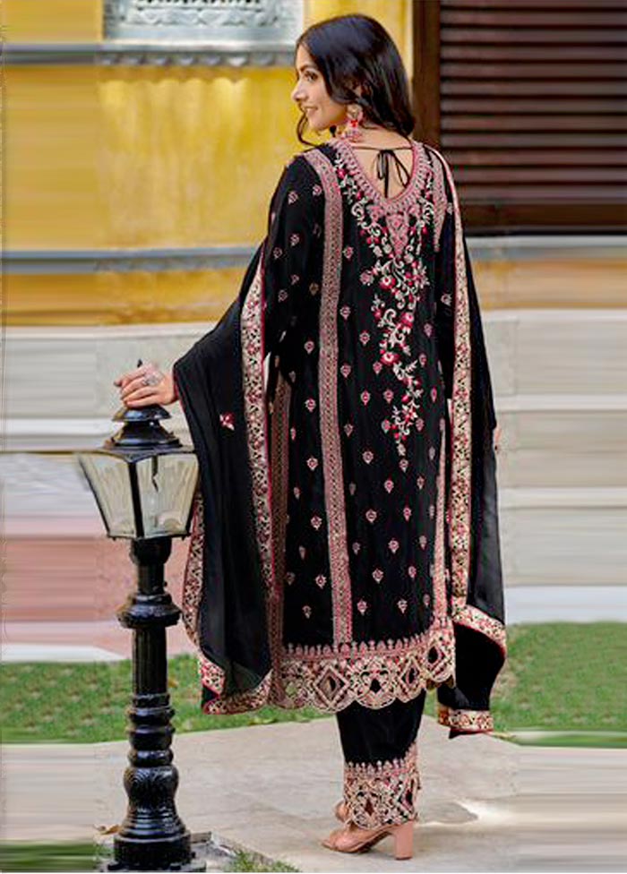 3 Pc Black Pure Semi Stitched Silk Suit Set