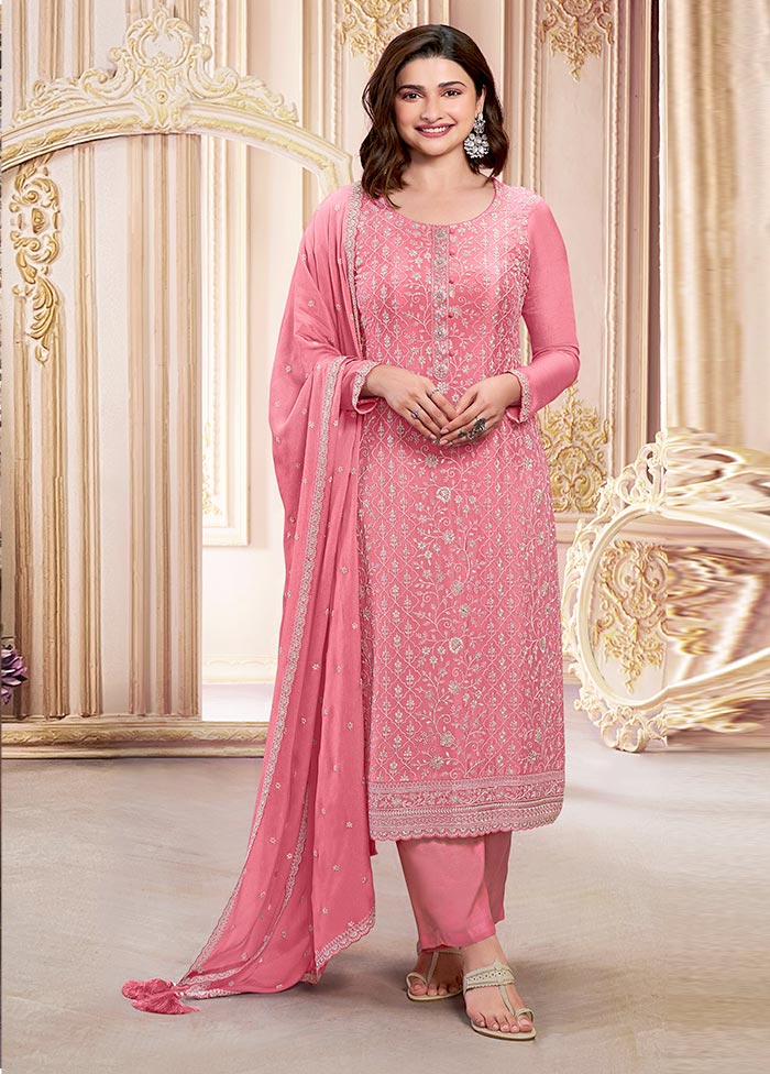 3 Pc Pink Semi Stitched Georgette Suit Set