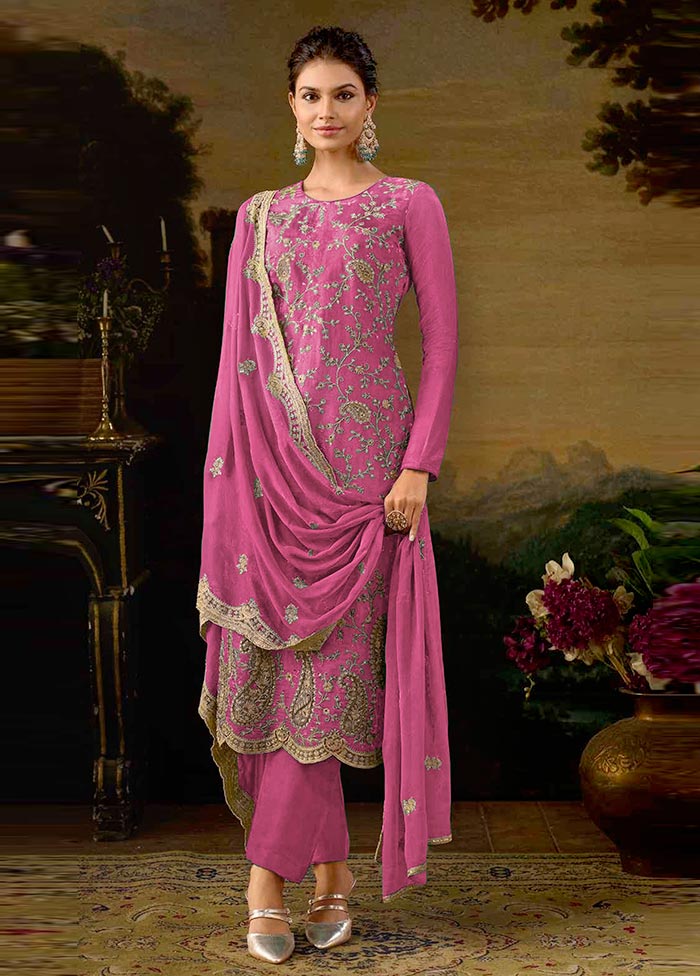 3 Pc Pink Semi Stitched Silk Suit Set