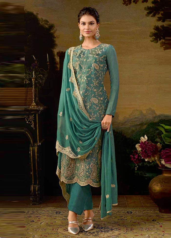 3 Pc Blue Semi Stitched Silk Suit Set