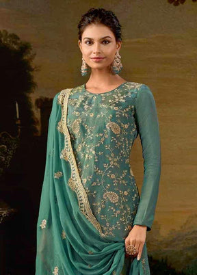 3 Pc Blue Semi Stitched Silk Suit Set