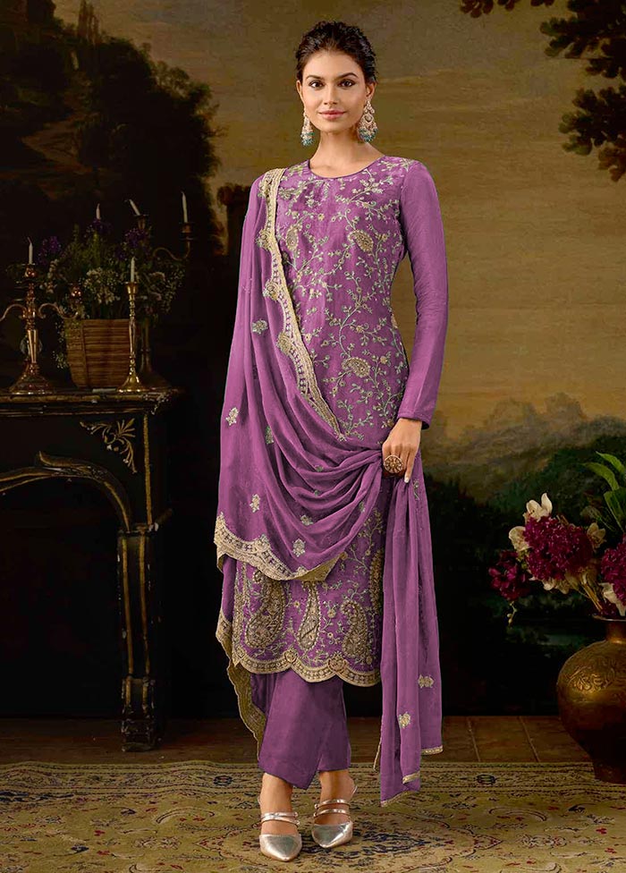 3 Pc Pink Semi Stitched Silk Suit Set