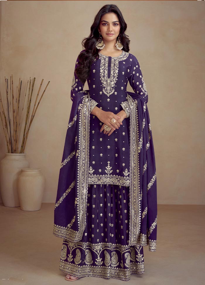 3 Pc Purple Semi Stitched Silk Suit Set