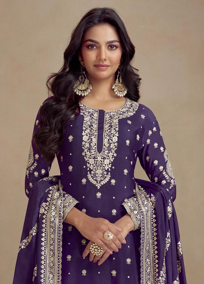 3 Pc Purple Semi Stitched Silk Suit Set