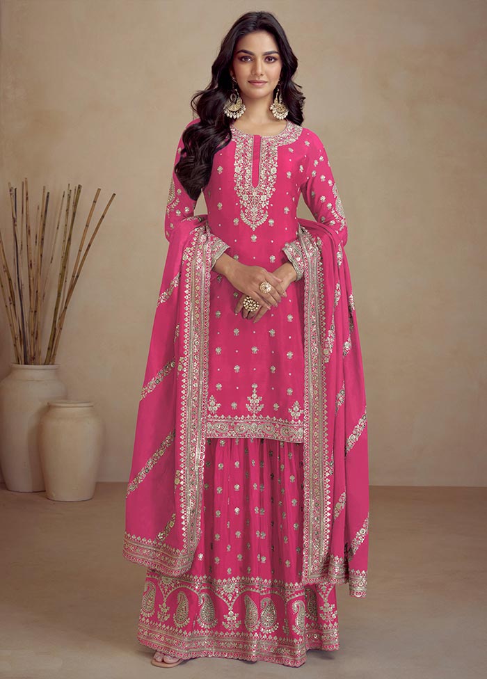 3 Pc Pink Semi Stitched Silk Suit Set