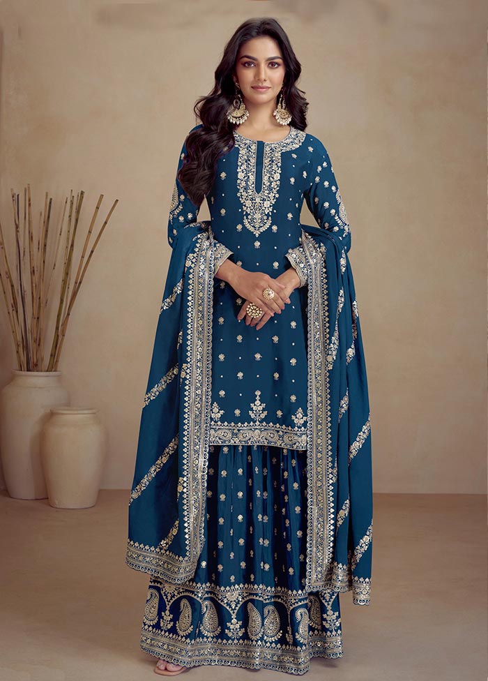 3 Pc Teal Blue Semi Stitched Silk Suit Set