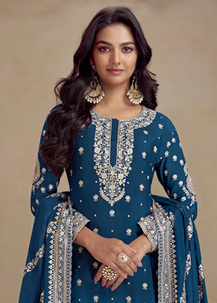 3 Pc Teal Blue Semi Stitched Silk Suit Set