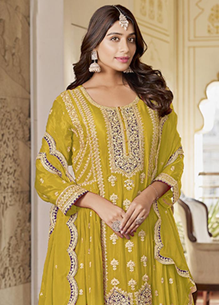 3 Pc Yellow Semi Stitched Silk Suit Set