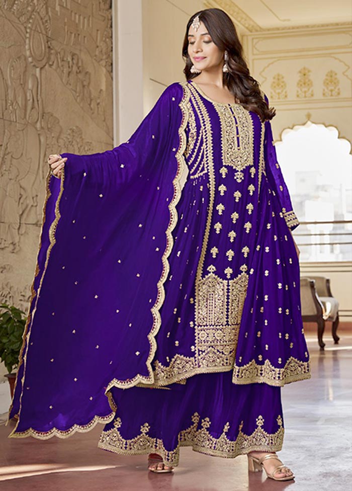 3 Pc Purple Semi Stitched Silk Suit Set