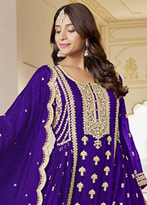 3 Pc Purple Semi Stitched Silk Suit Set