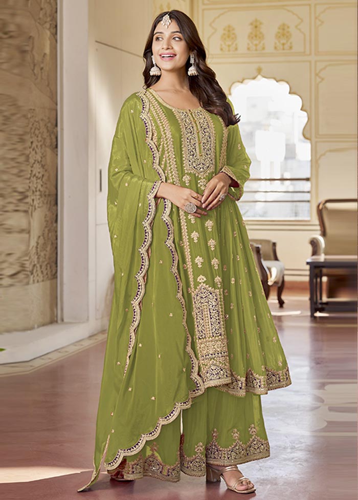 3 Pc Light Green Semi Stitched Silk Suit Set