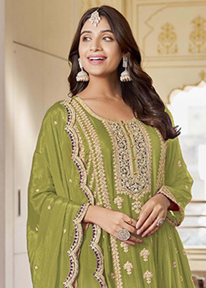 3 Pc Light Green Semi Stitched Silk Suit Set