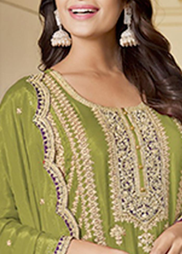 3 Pc Light Green Semi Stitched Silk Suit Set