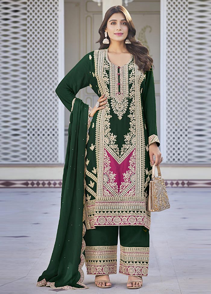 3 Pc Green Semi Stitched Silk Suit Set