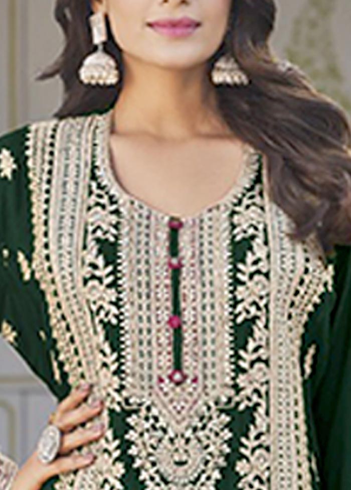 3 Pc Green Semi Stitched Silk Suit Set