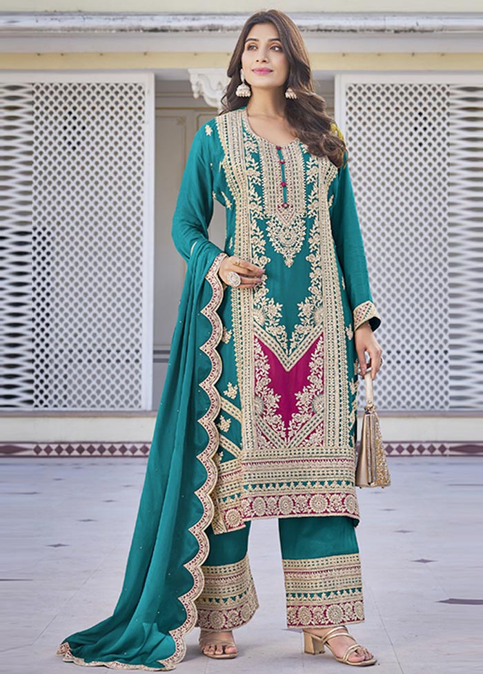 3 Pc Blue Semi Stitched Silk Suit Set