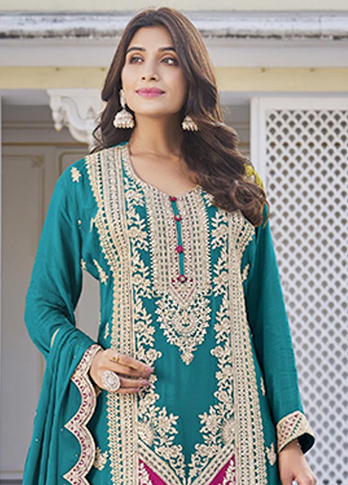 3 Pc Blue Semi Stitched Silk Suit Set