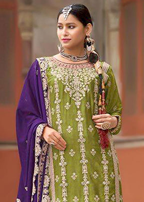 3 Pc Light Green Semi Stitched Silk Suit Set