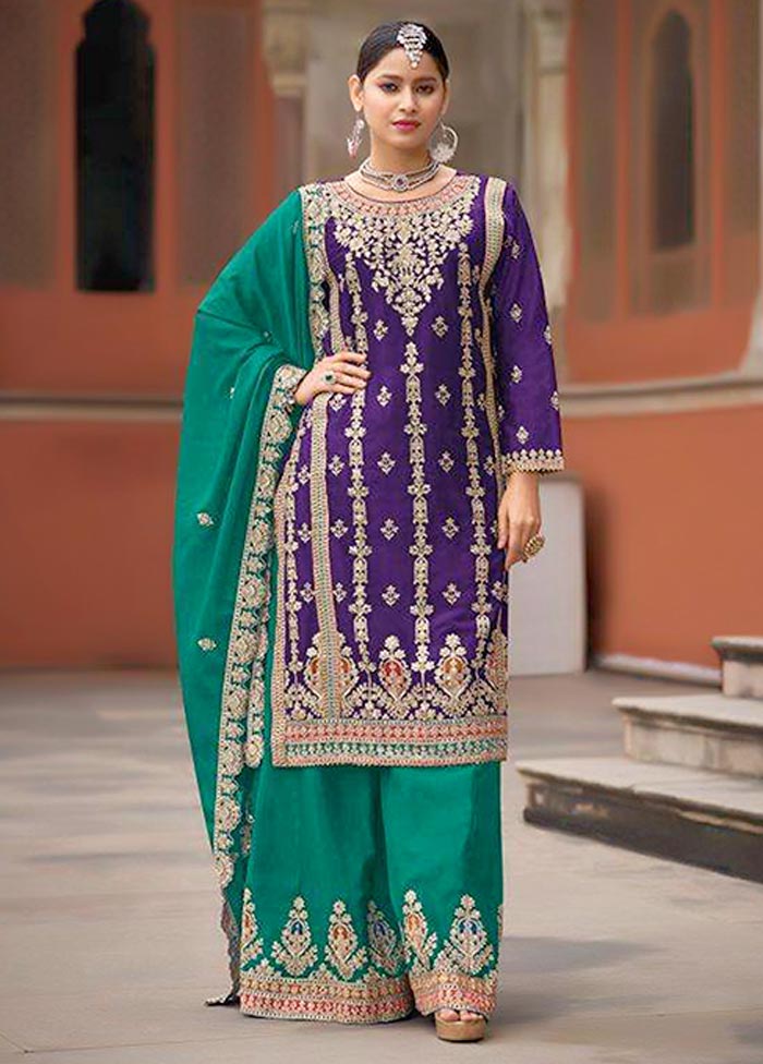 3 Pc Purple Semi Stitched Silk Suit Set