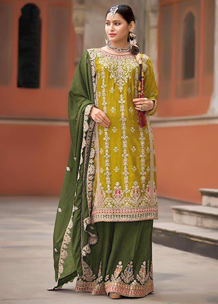 3 Pc Yellow Semi Stitched Silk Suit Set