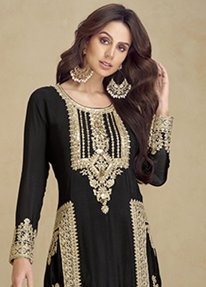 3 Pc Black Semi Stitched Georgette Suit Set