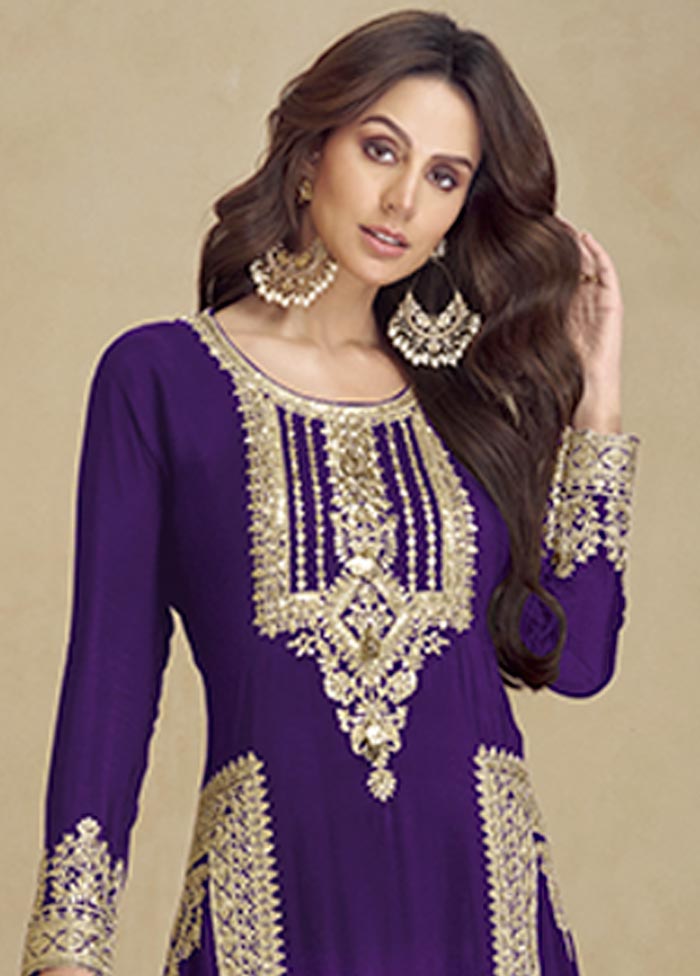 3 Pc Purple Semi Stitched Georgette Suit Set