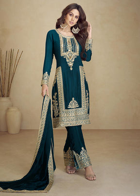 3 Pc Teal Semi Stitched Georgette Suit Set