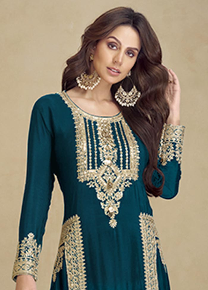 3 Pc Teal Semi Stitched Georgette Suit Set