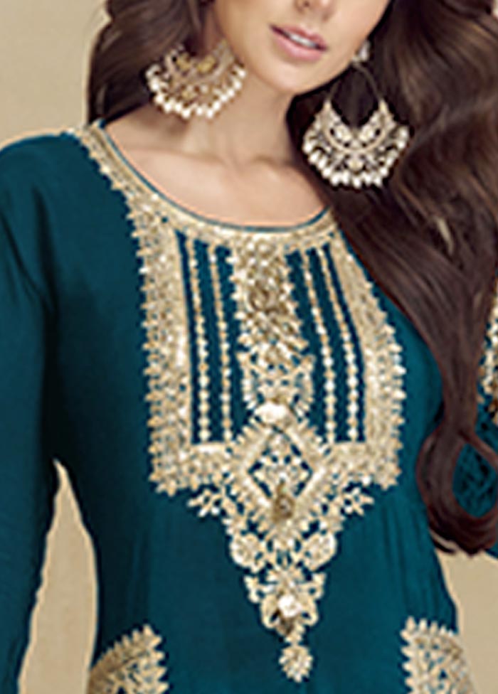 3 Pc Teal Semi Stitched Georgette Suit Set