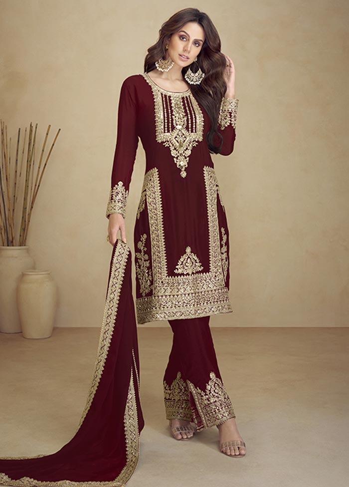 3 Pc Maroon Semi Stitched Georgette Suit Set